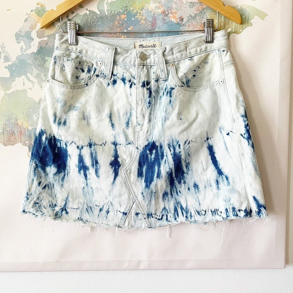 Madewell Size 28 Skirt Rigid Denim A-Line Mini Tie-Dye Edition Raw Hem Cotton